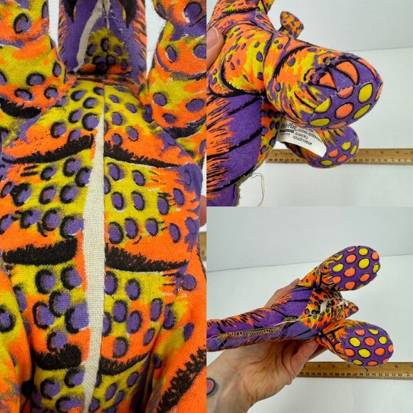 Vtg Play by Play Soft Plush Dinosaur Stuffed Animal Neon Orange Purple Black - Picture 9 of 11